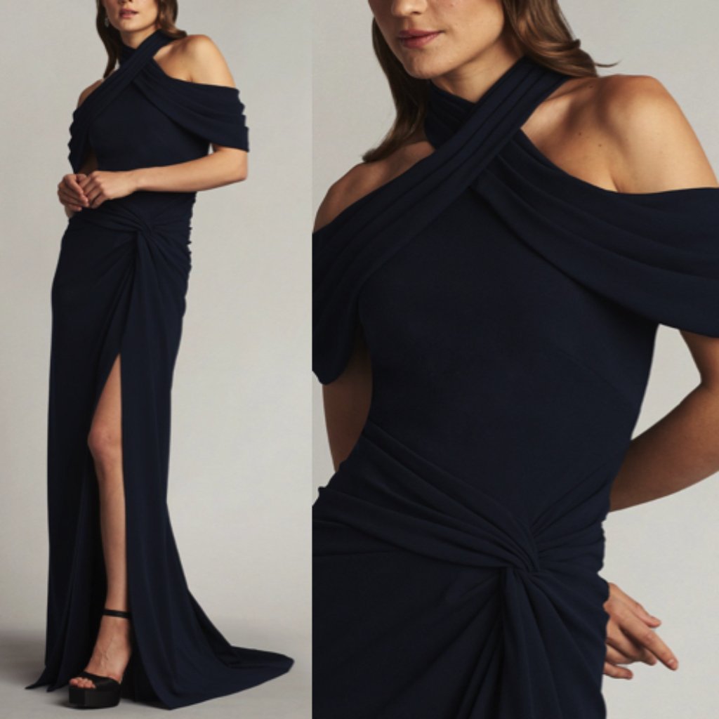 Nwt Tadashi Shoji Pruitt Cold-Shoulder Draped Gown Dress Midnight Size Xxs